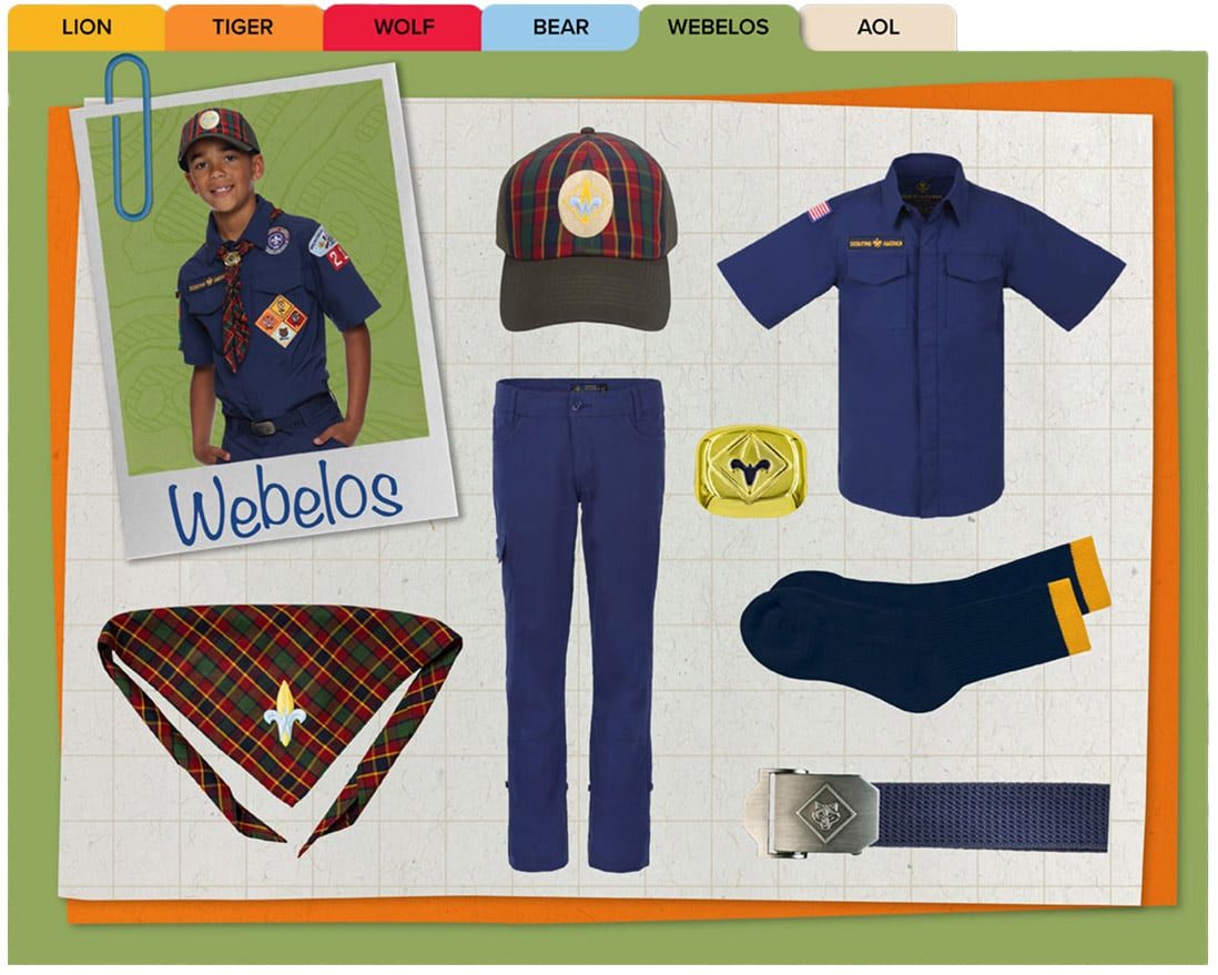 Official Webelos uniform: navy button shirt, plaid cap, blue pants, belt, socks, and the plaid Webelos neckerchief.